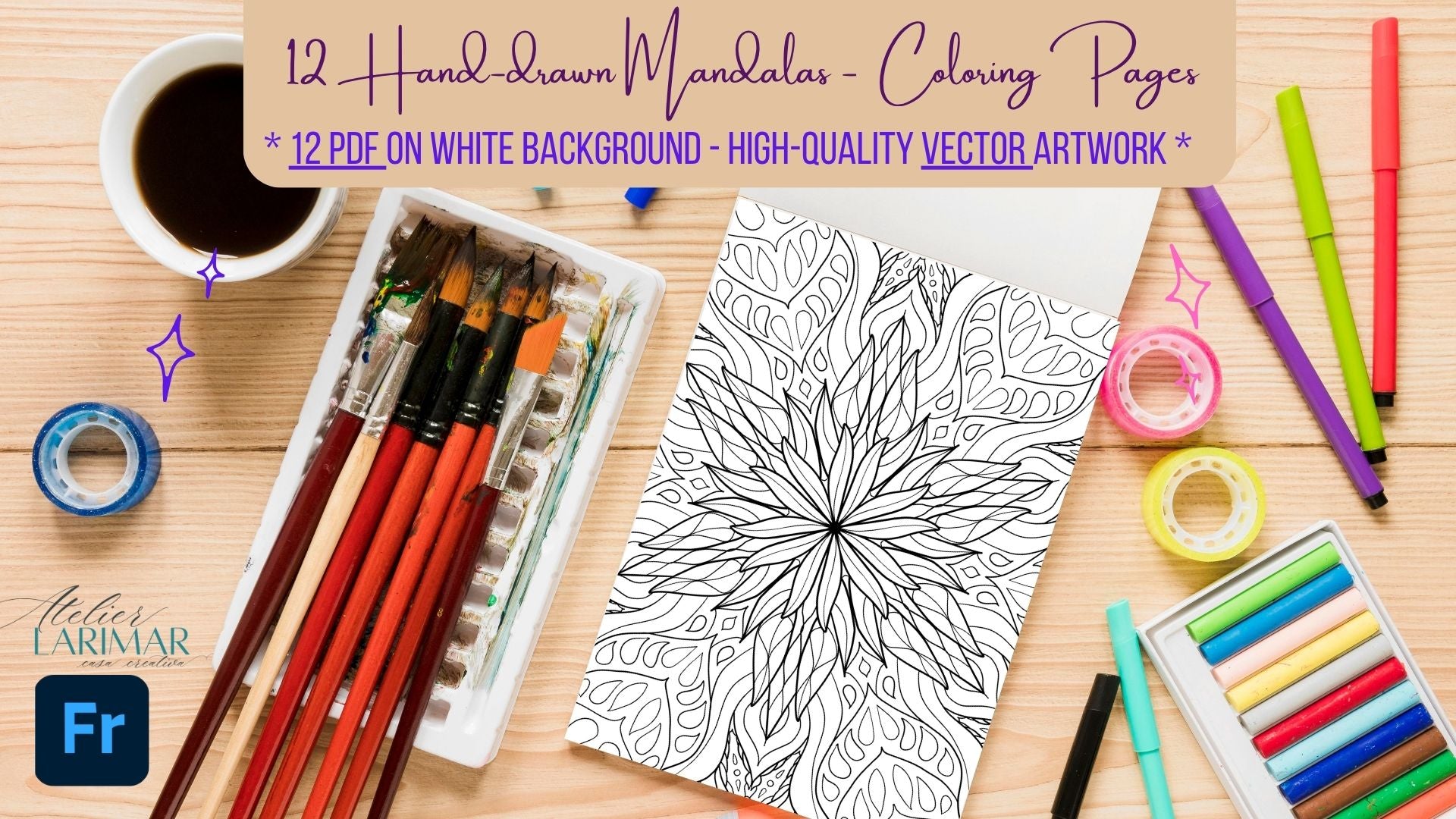 12 Hand-Drawn High-Quality Vector Mandalas Coloring Pages–12 Digital Files (PDF White Background 300 DPI)–Printable  - For Mindfulness & Relaxation