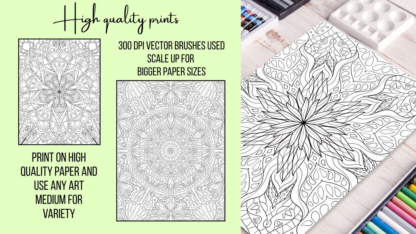 12 Hand-Drawn High-Quality Vector Mandalas Coloring Pages–12 Digital Files (PDF White Background 300 DPI)–Printable  - For Mindfulness & Relaxation