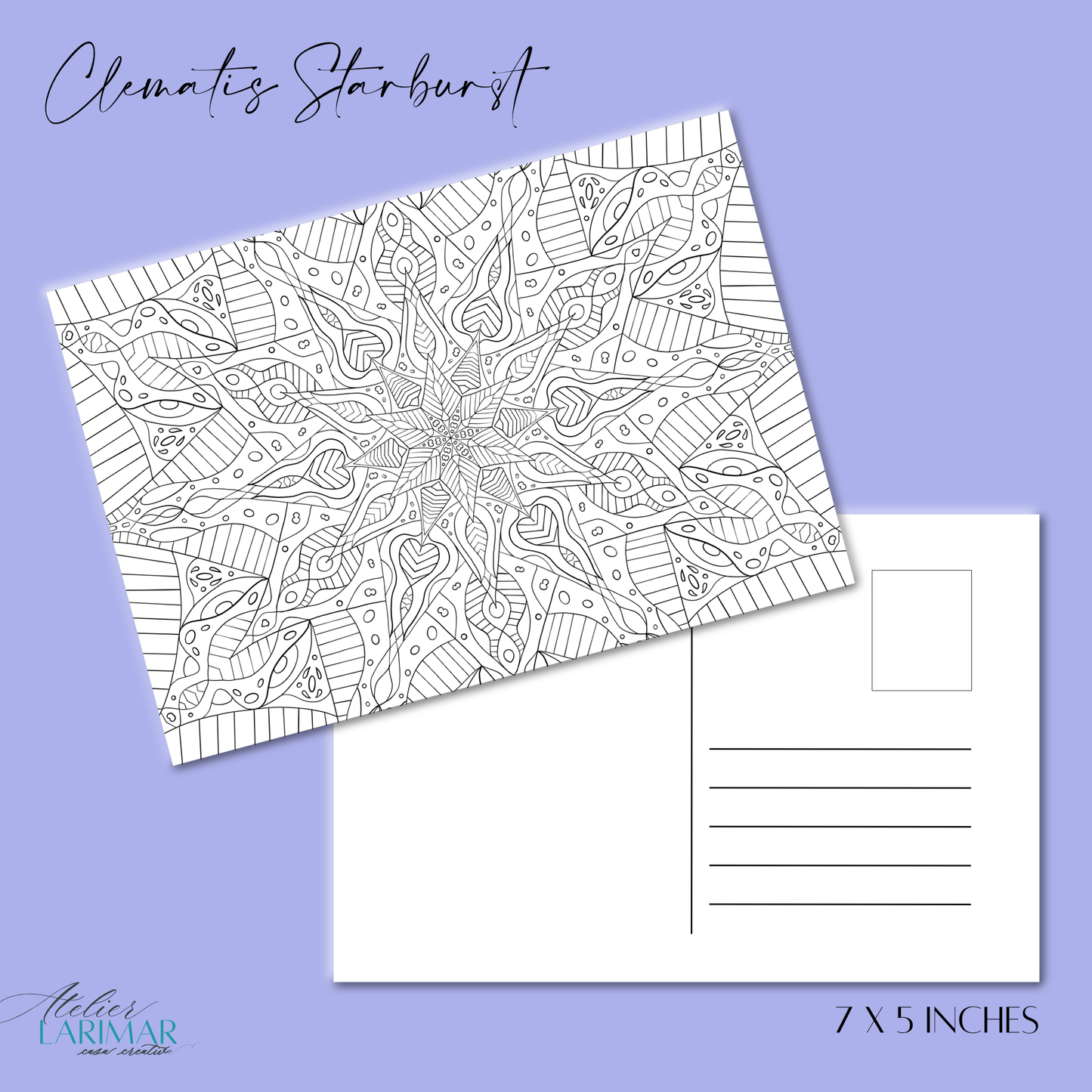 DIY Clematis Starburst Mandala 7x5in Postcard (free US shipping)