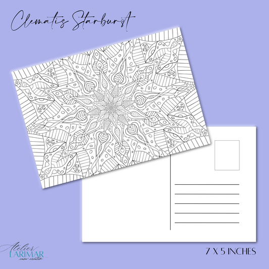 DIY Clematis Starburst Mandala 7x5in Postcard (free US shipping)