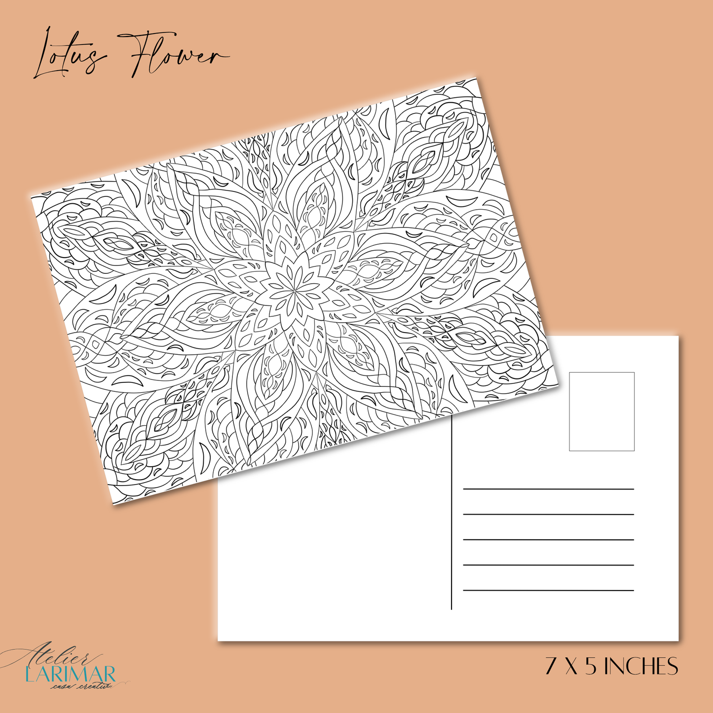 DIY Lotus Flower Mandala 7x5in Postcard (free US shipping)